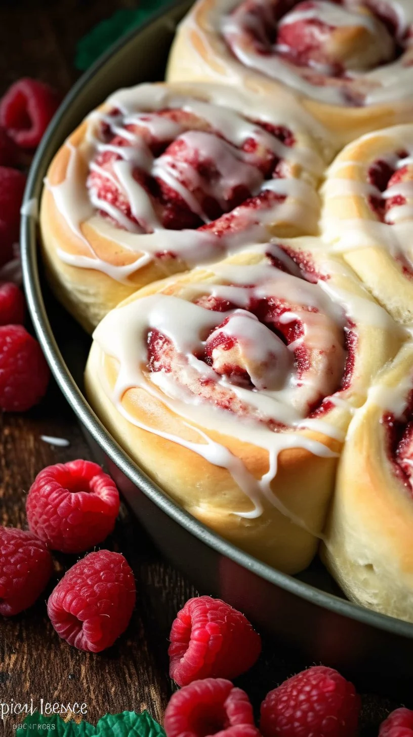 Fresh raspberry cream cheese rolls topped with icing on a white plate