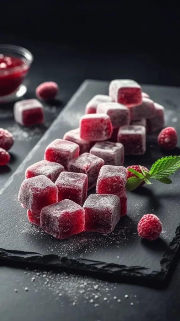 Raspberry fruit paste topped with fluffy coconut snow
