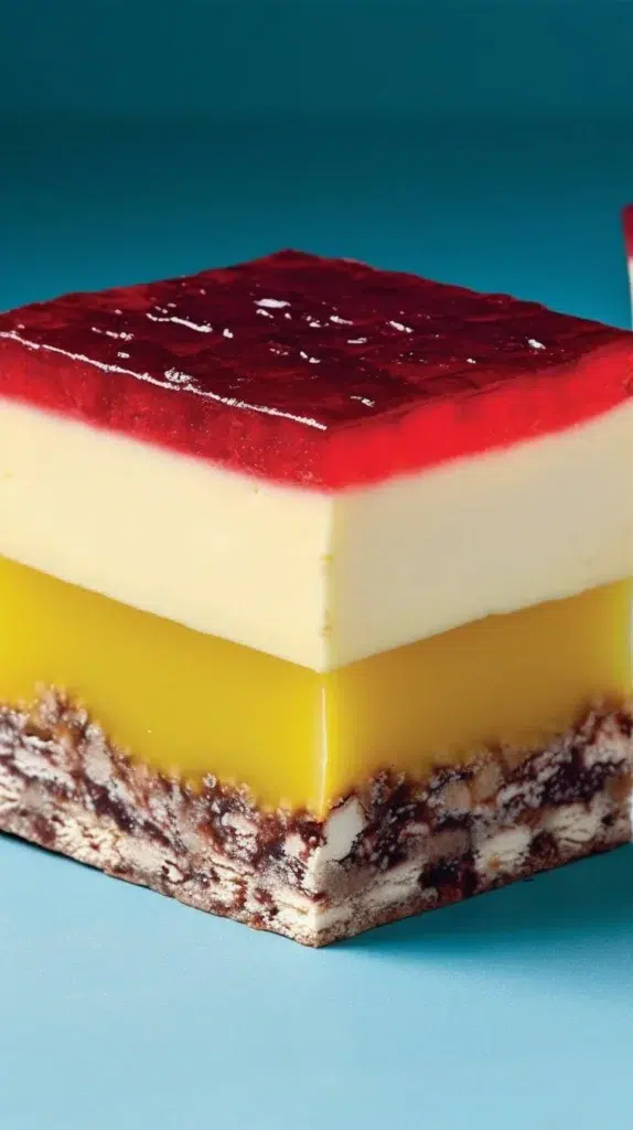 Raspberry Jam Lamington Slice with coconut and jam filling on a plate