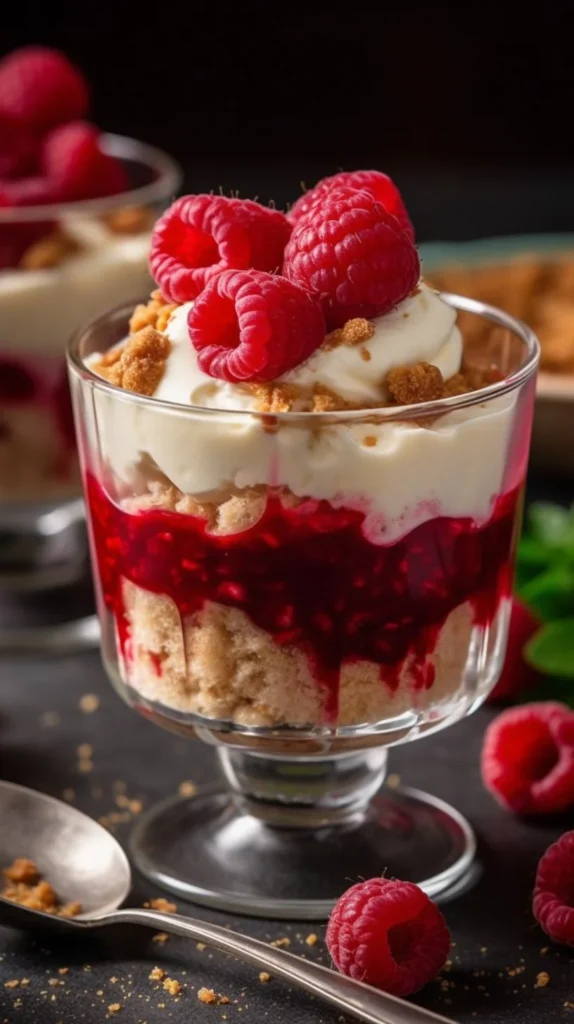 Delicious raspberry verrines served in elegant glasses.