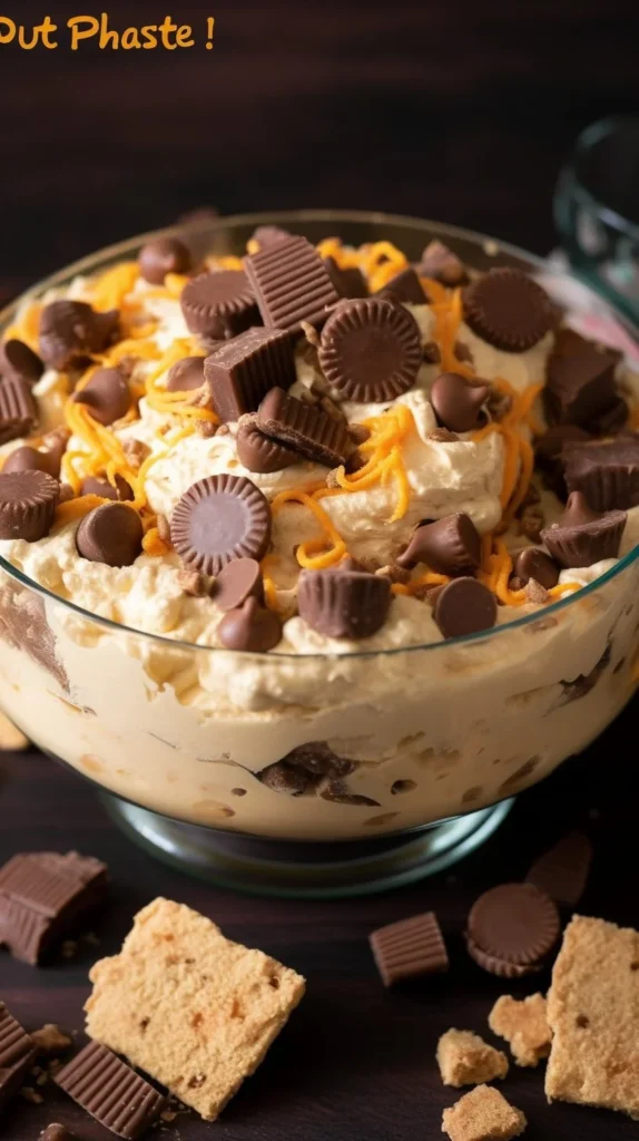 Delicious Reese's Peanut Butter Fluff dessert topped with chocolate and peanut butter.