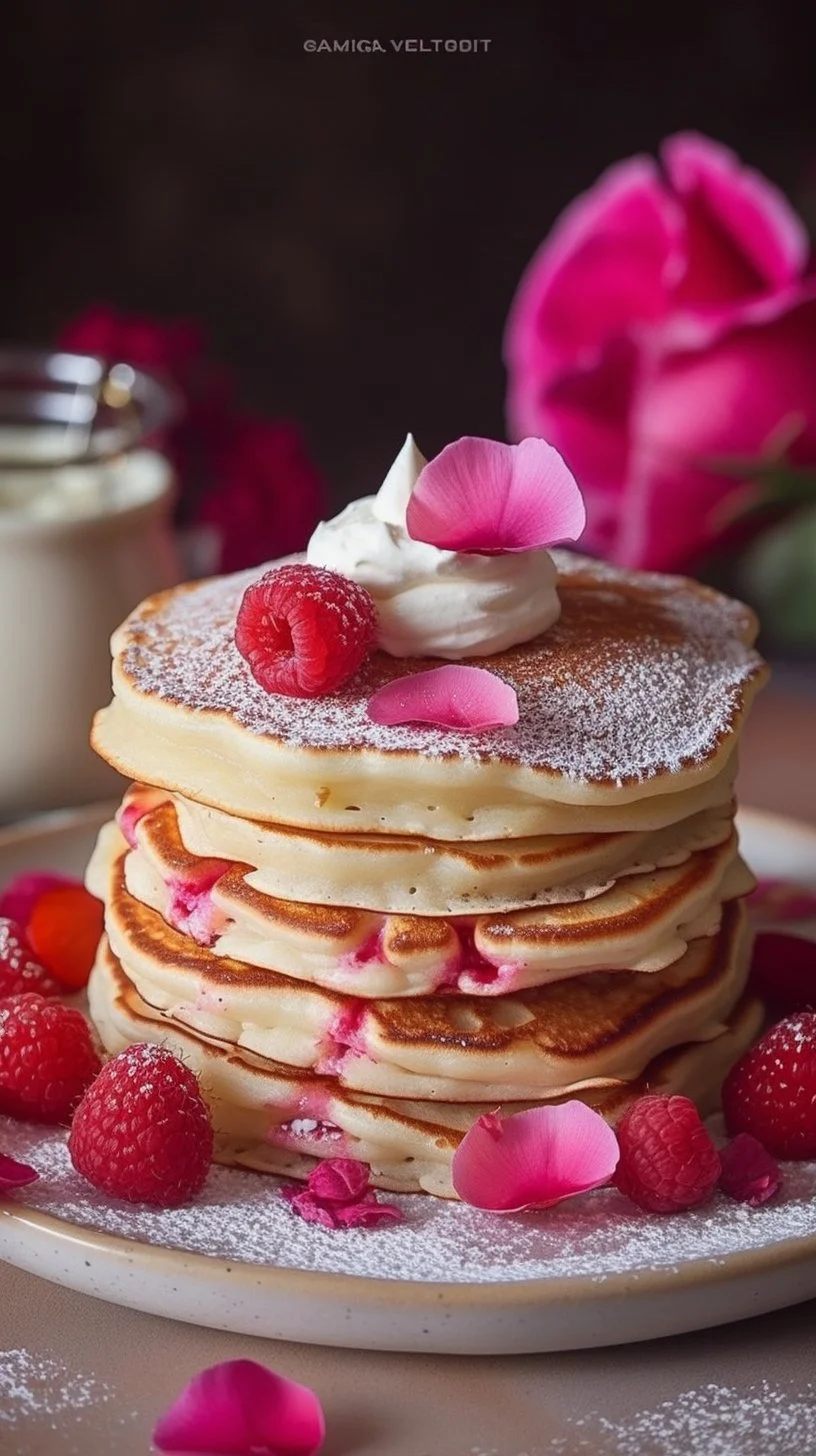 Delicious rose water pancakes topped with fresh fruits and syrup
