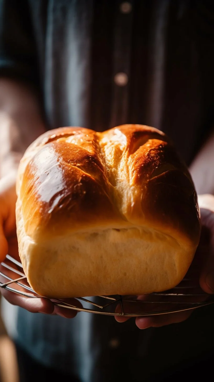 Freshly baked Shokupan bread loaf on a wooden cutting board