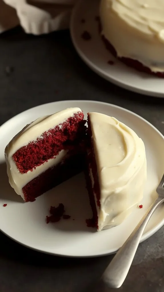 Single serve red velvet cake with creamy frosting on a white plate