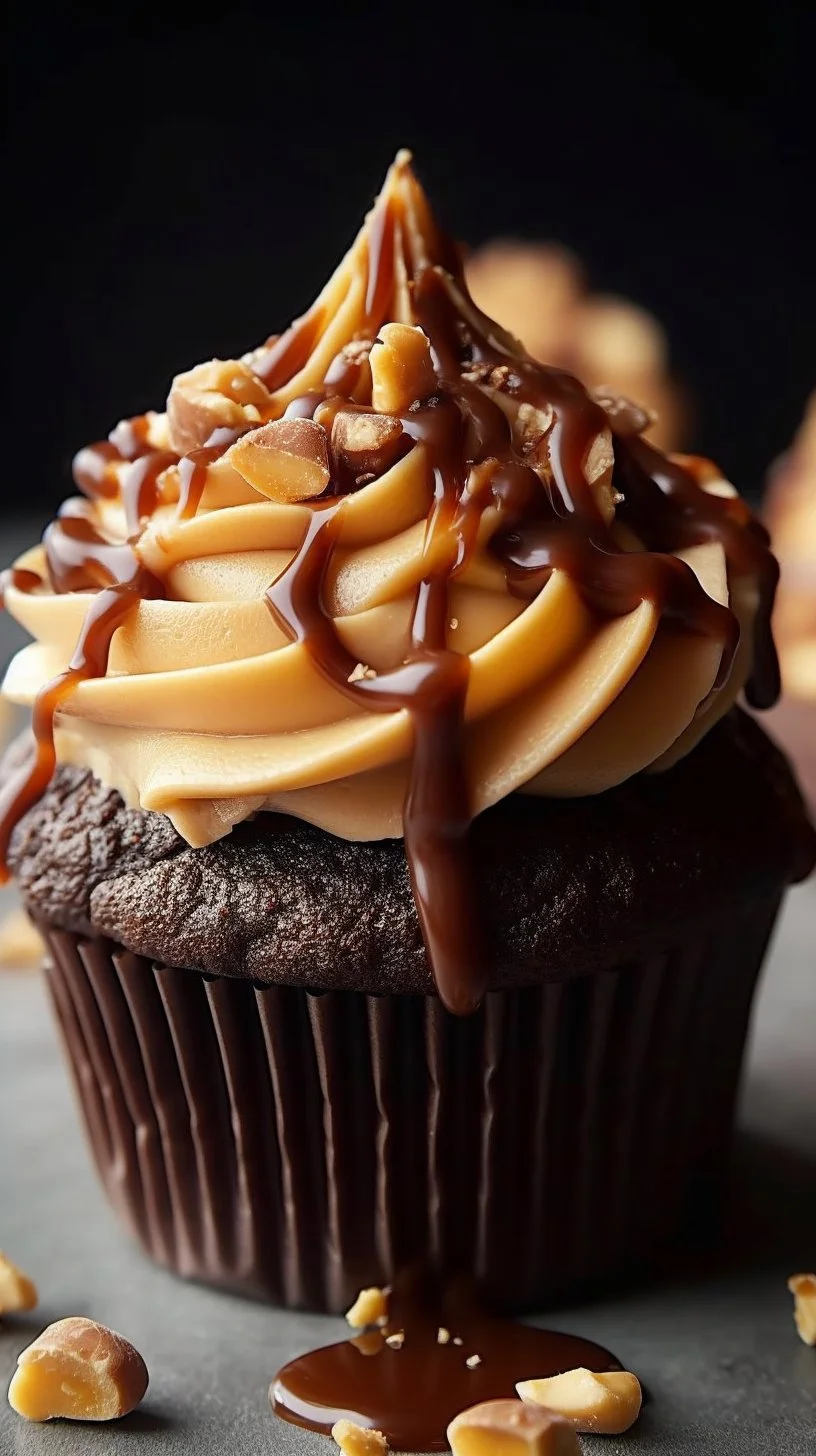 Delicious Snickers Cupcakes topped with caramel and peanuts