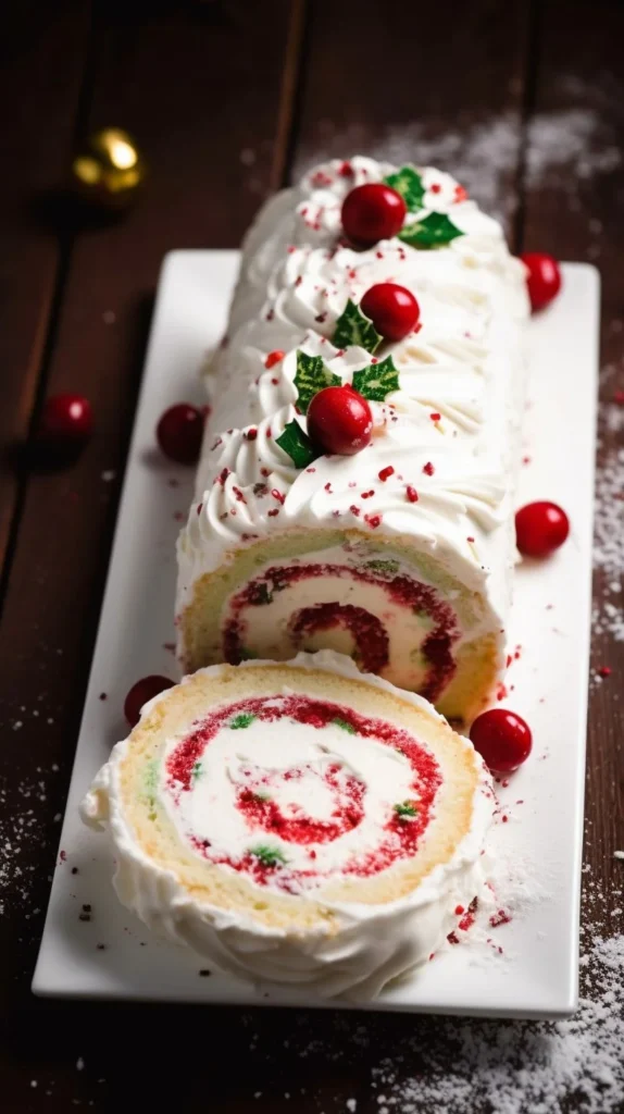 Delicious Snow White Roll Cake with whipped cream and fresh berries