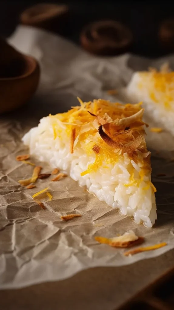 Sticky Coconut Cake Babat Wingko served on a plate with coconut topping.
