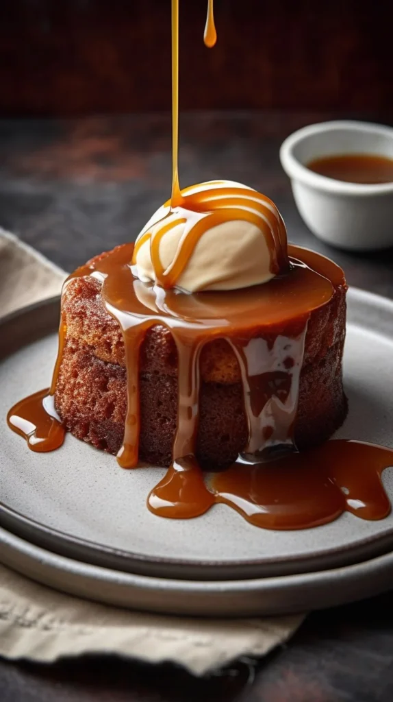 Delicious sticky toffee cake served with warm toffee sauce