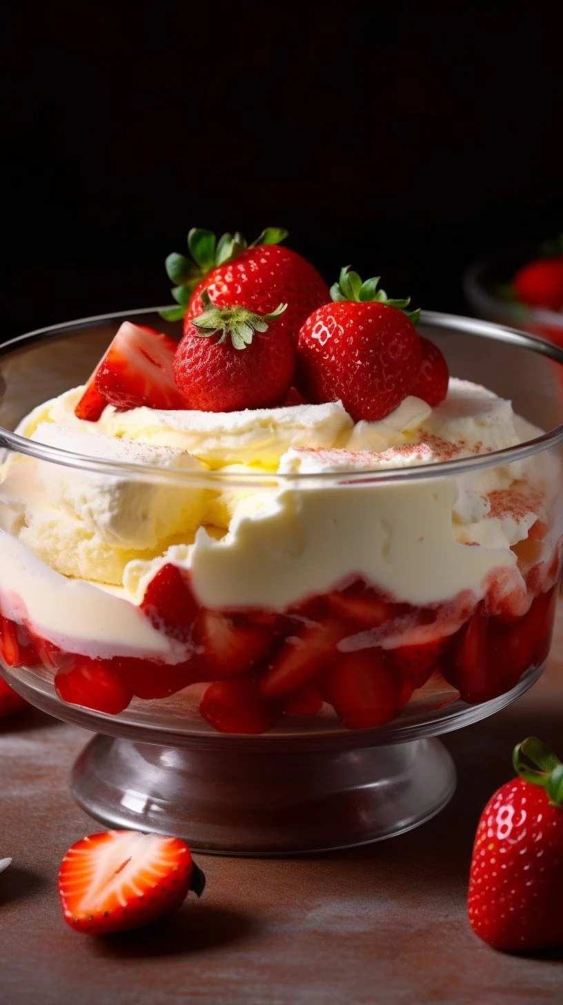 Dessert dish of Strawberry Charlotte with fresh strawberries and creamy layers