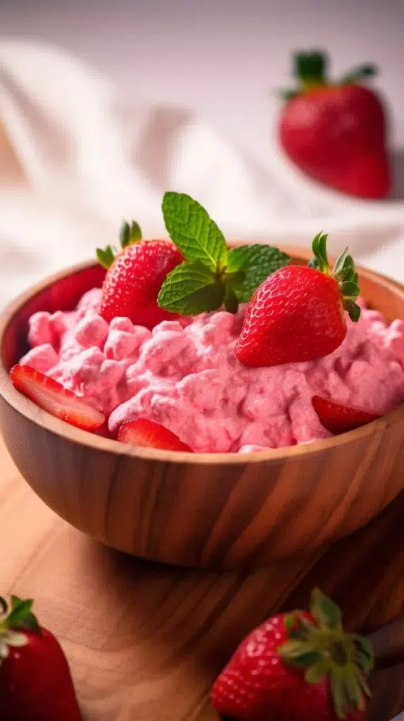 Delicious strawberry fluff dessert served in a bowl with fresh strawberries on top.