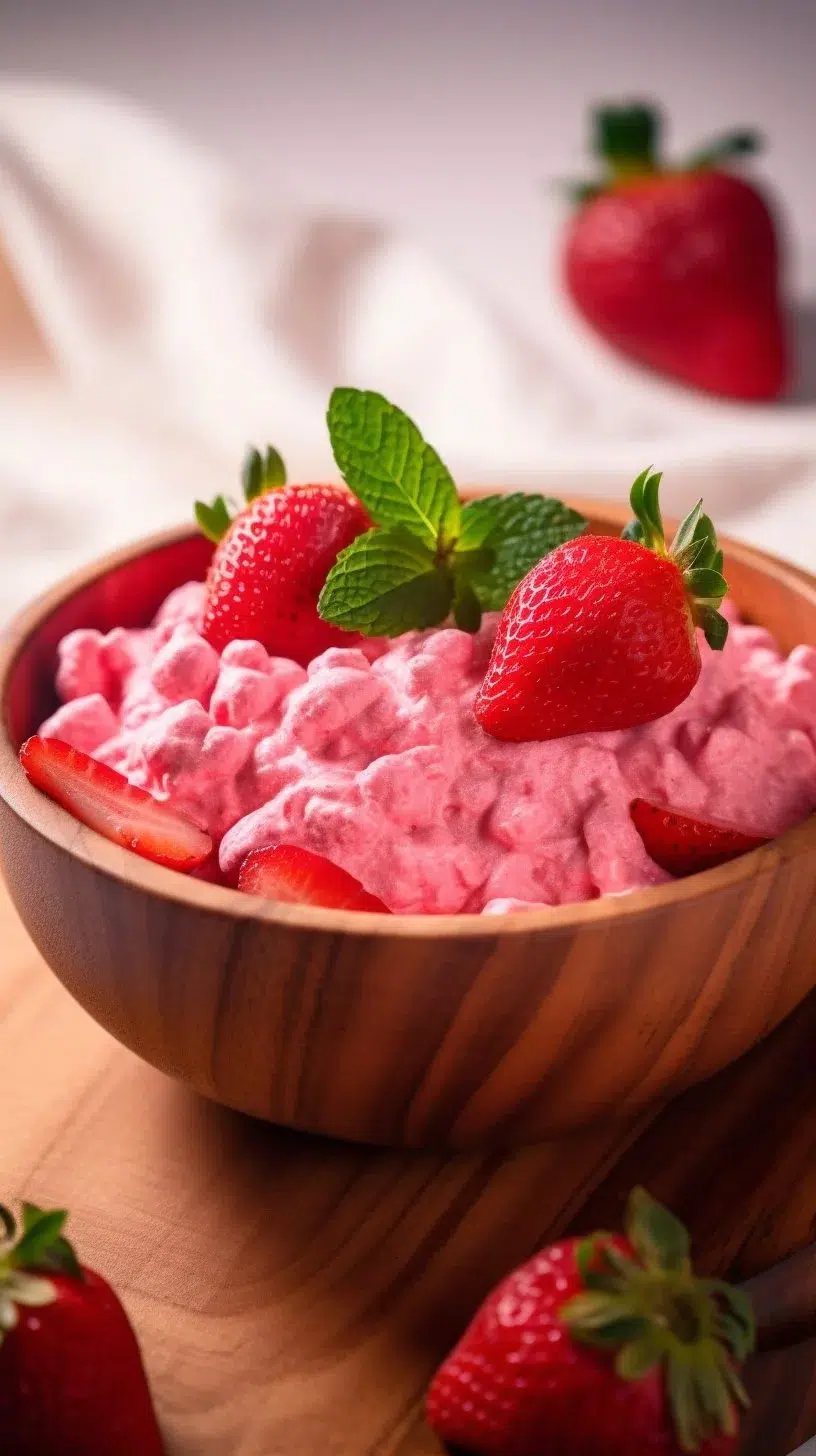 Delicious strawberry fluff dessert served in a bowl with fresh strawberries on top.