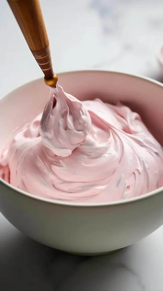 Homemade strawberry marshmallow frosting on a cake