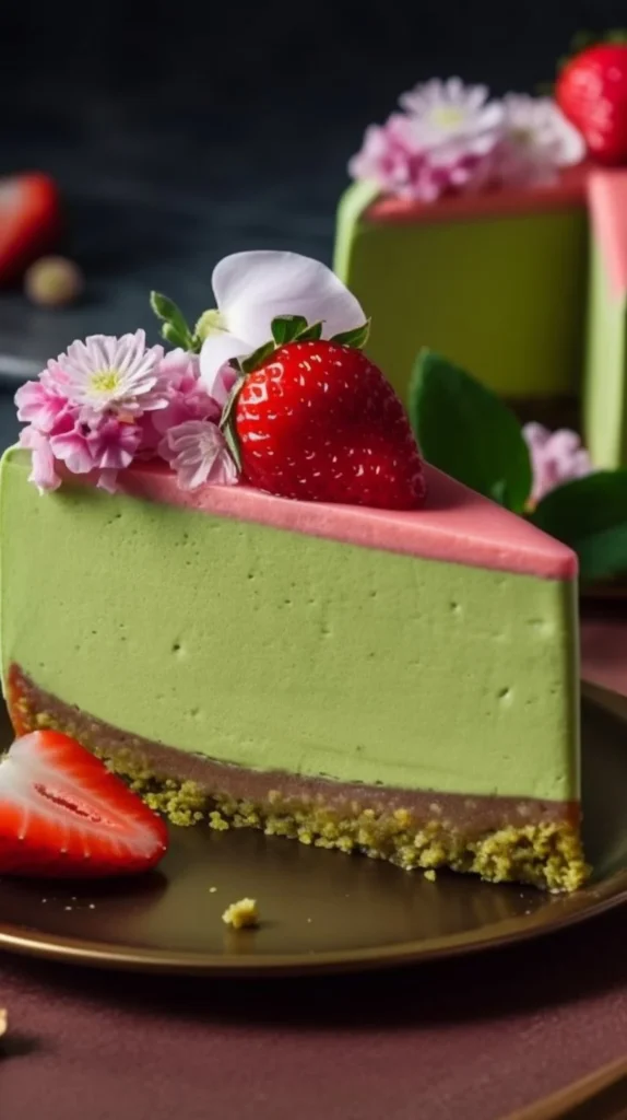 Delicious Strawberry Matcha Basque Cheesecake with fresh strawberries and matcha