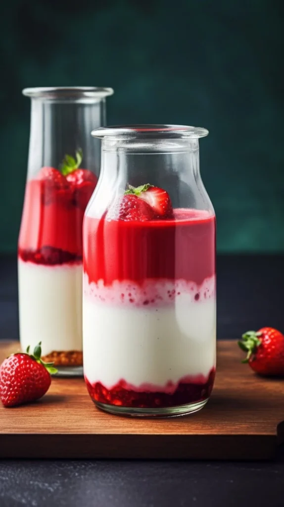 Glass of strawberry milk with fresh strawberries and milk splashes