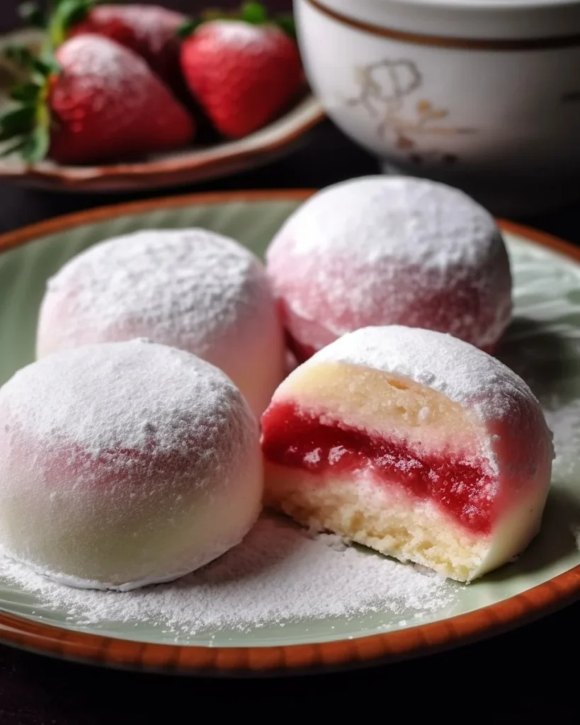 Delicious slice of Strawberry Mochi Cake with fresh strawberries on top
