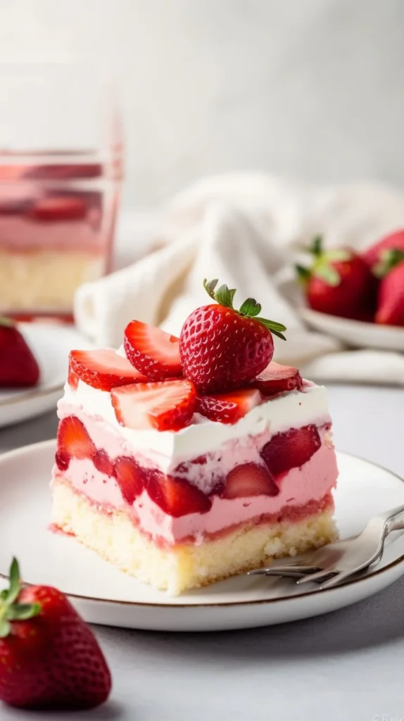 Delicious strawberry poke cake with fresh strawberries and whipped cream topping.