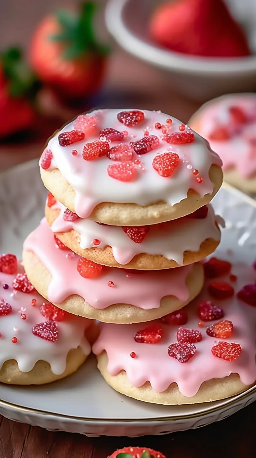 Freshly baked strawberry pop tart sugar cookies on a cooling rack.