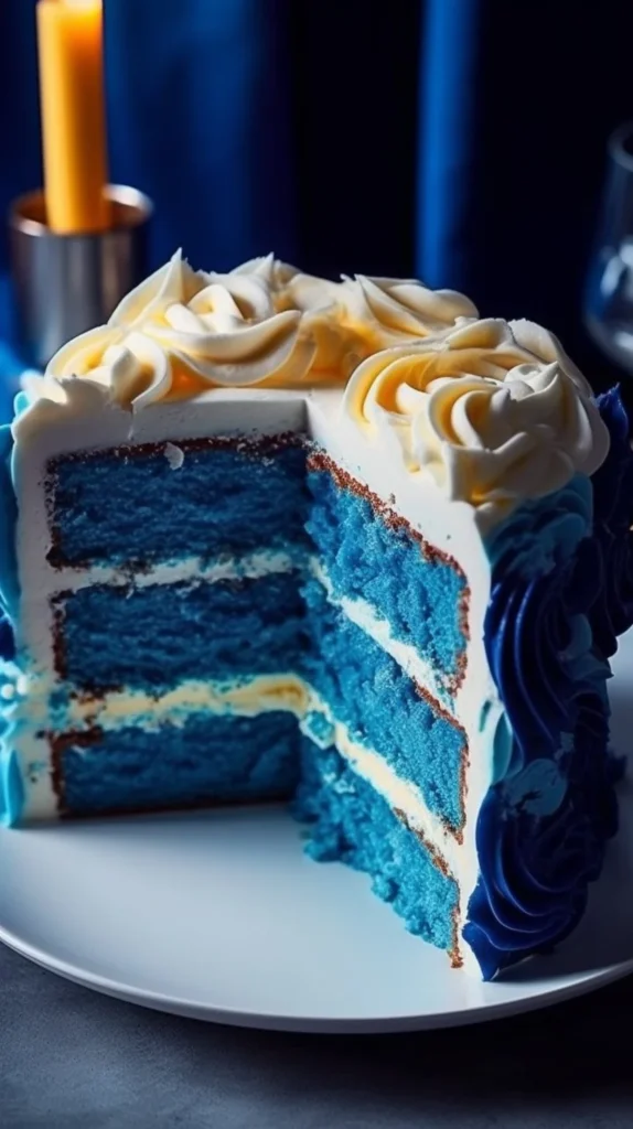 Stunning blue velvet cake with cream cheese frosting on a plate