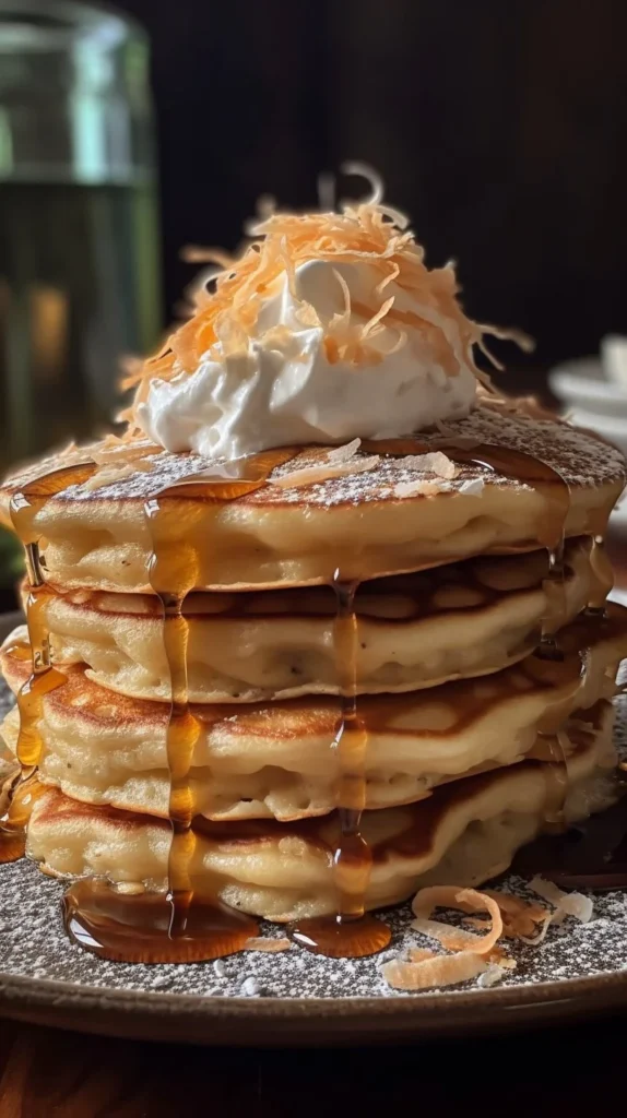 Fluffy sweet coconut cream pancakes stacked on a plate, topped with syrup and coconut flakes