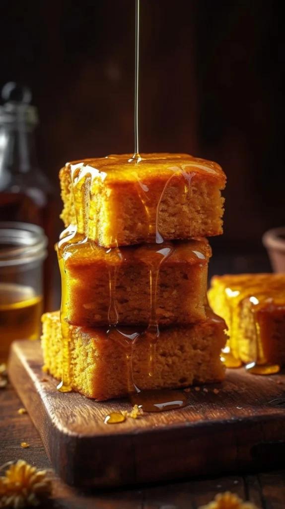 Sweet potato cornbread topped with honey butter glaze, served on a rustic wooden table