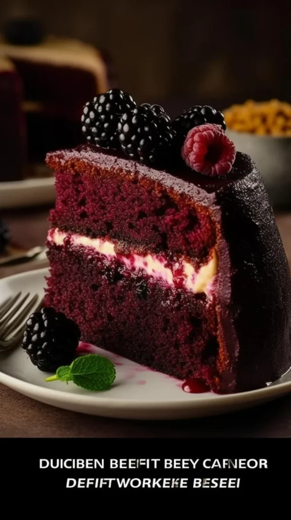 Slice of blackberry velvet cake topped with fresh blackberries and cream