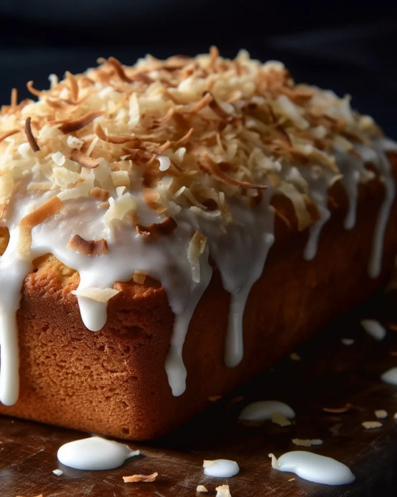 Slice of toasted coconut pound cake with a golden crust and coconut flakes.