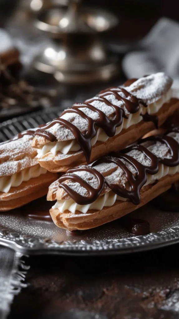 Delicious triple chocolate eclairs with chocolate glaze and creamy filling