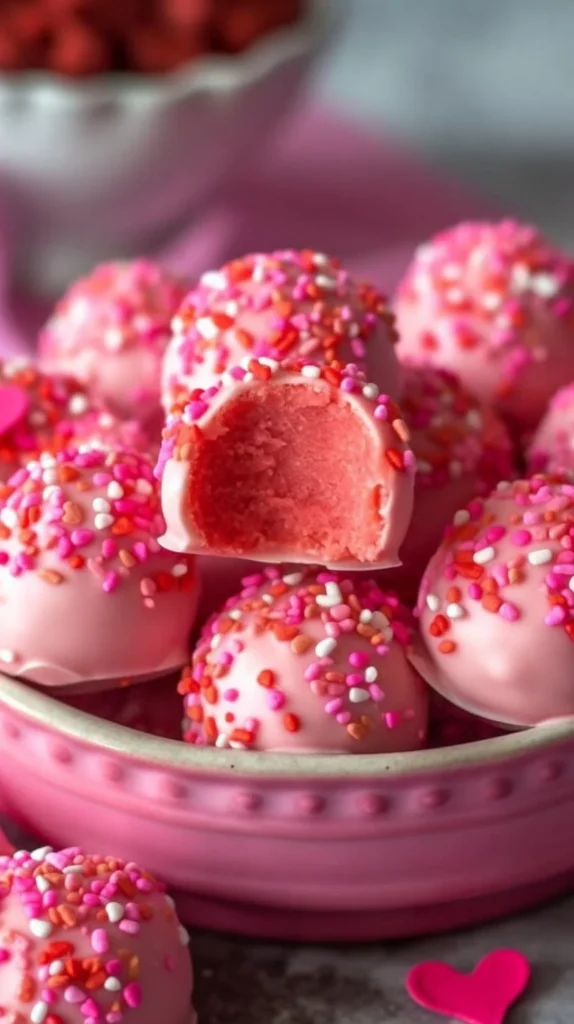 Delicious Valentine's Oreo truffles decorated with sprinkles and chocolate.