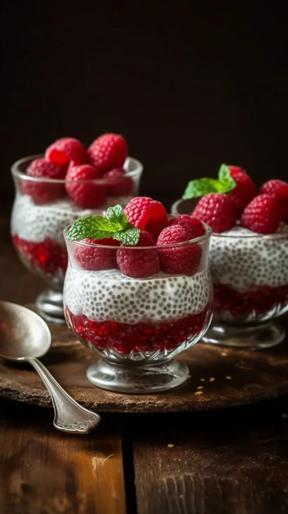 Bowl of vanilla raspberry chia pudding topped with fresh raspberries and coconut flakes.