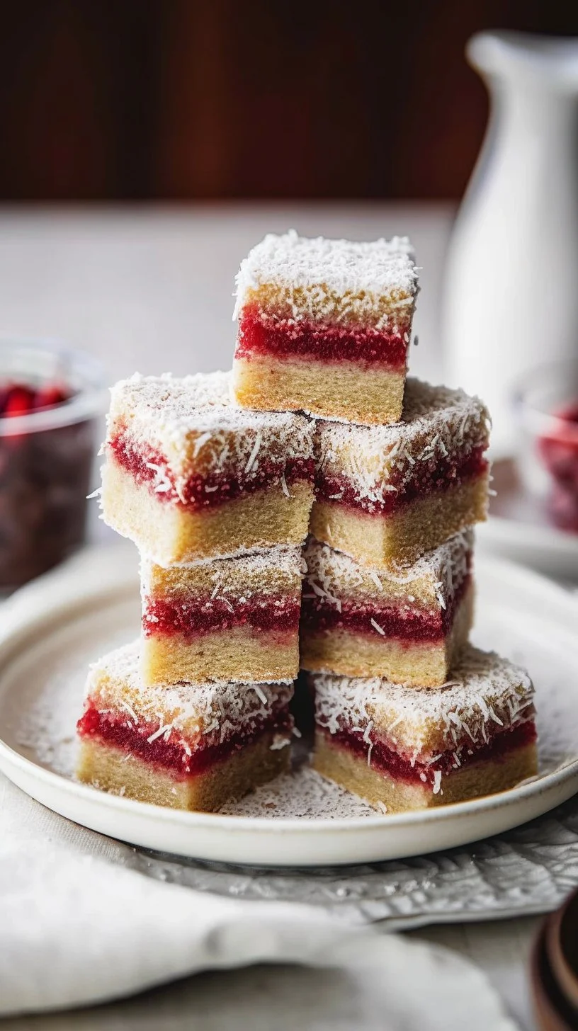 Delicious vegan lamingtons coated in chocolate and coconut flakes