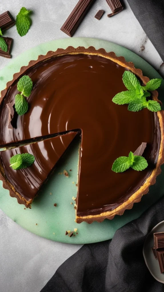 Delicious Vegan Mint Chocolate Tart on a plate, garnished with fresh mint leaves.