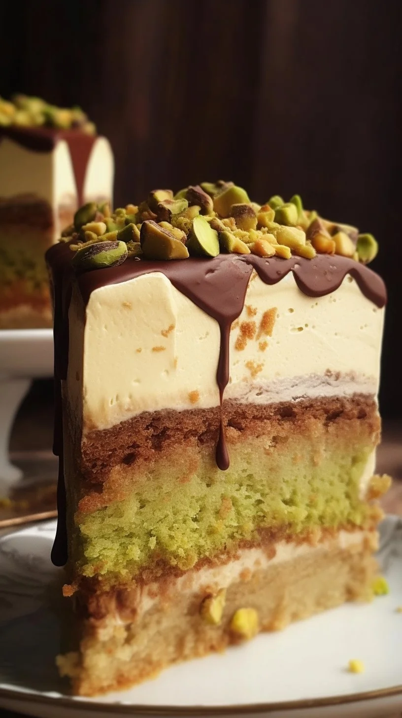 Delicious Vegan Pistachio Mousse Cake topped with crushed pistachios and fresh fruit