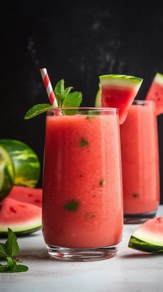 Refreshing watermelon smoothie in a glass with mint and watermelon slices