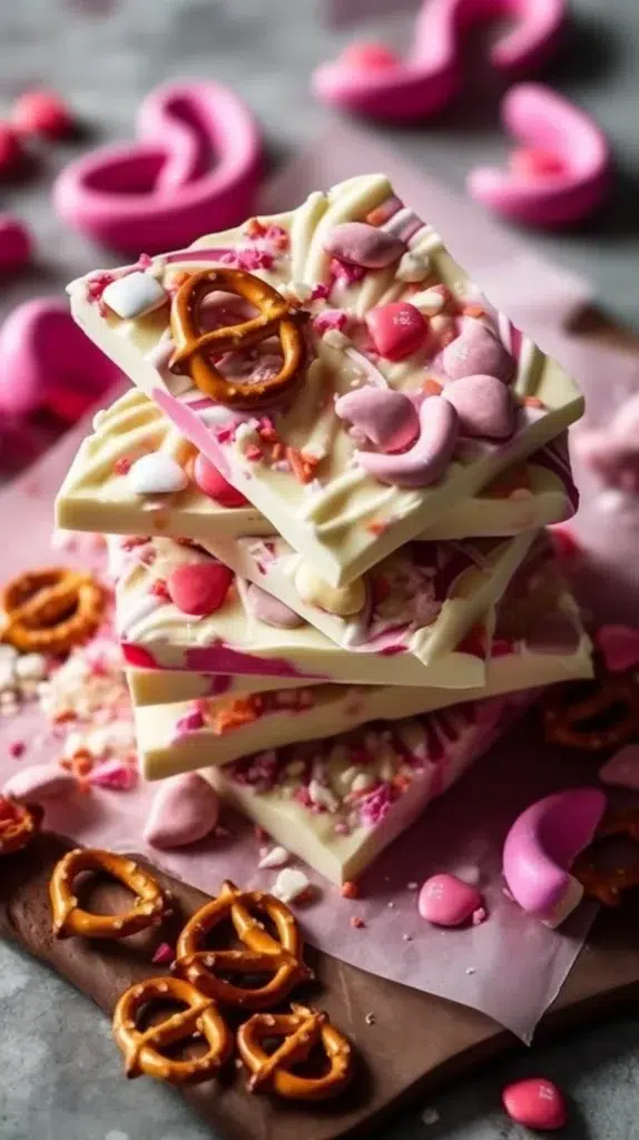 Delicious White Chocolate Pretzel Valentine Bark with colorful sprinkles.