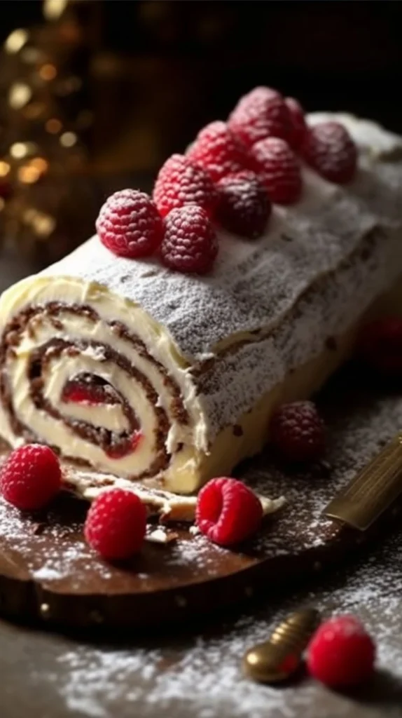 White Chocolate Raspberry Yule Log dessert with festive decorations