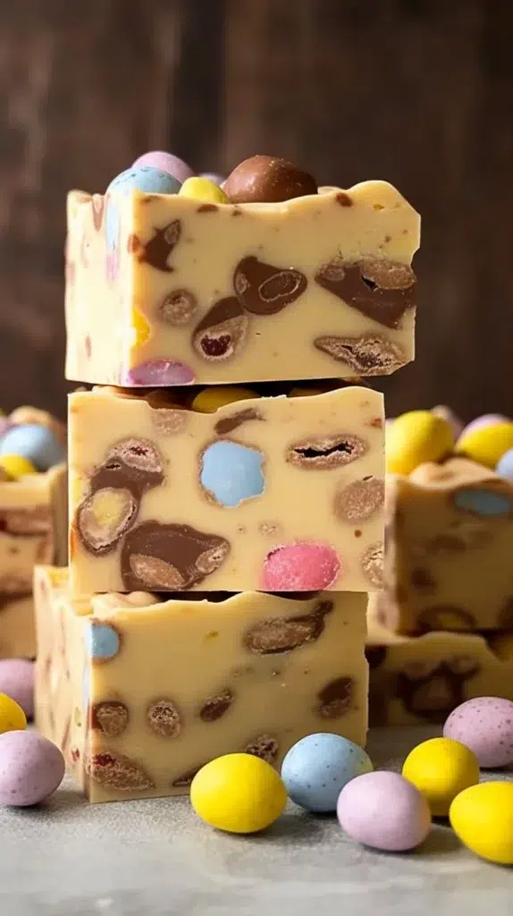 Delicious 3 ingredient mini eggs fudge topped with chocolate and mini eggs