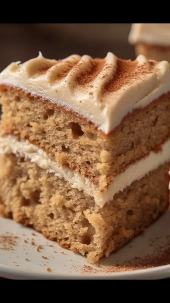 Applesauce cake with cinnamon cream cheese frosting on a wooden table