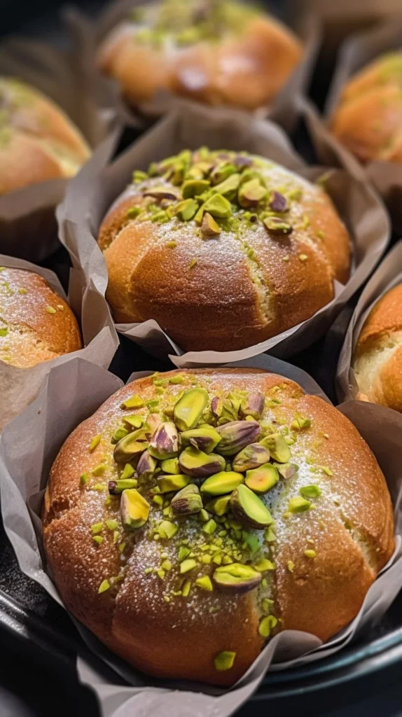 Delicious bakery-style pistachio muffins on a wooden platter