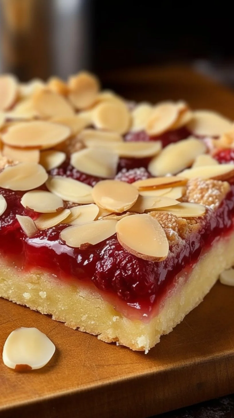 Homemade Bakewell Slices with almond icing and raspberry filling on a platter
