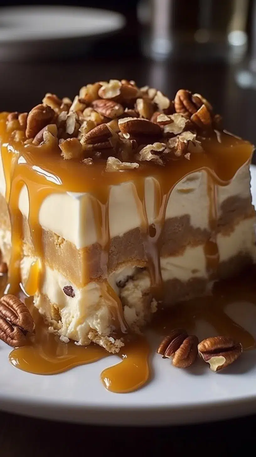 Banana Pecan Caramel Ice Cream Cake with drizzled caramel and pecans