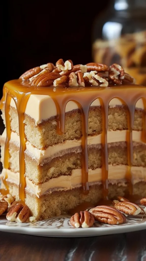 Delicious Banana Pecan Caramel Layer Cake with layers of caramel and pecans