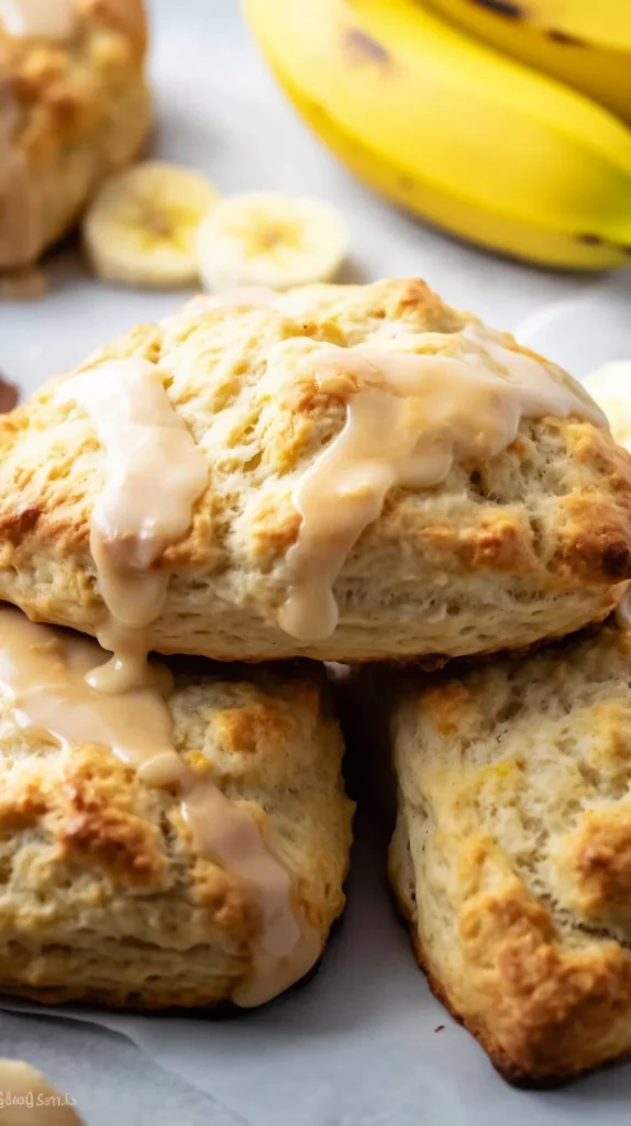 Banana scones drizzled with maple glaze on a plate