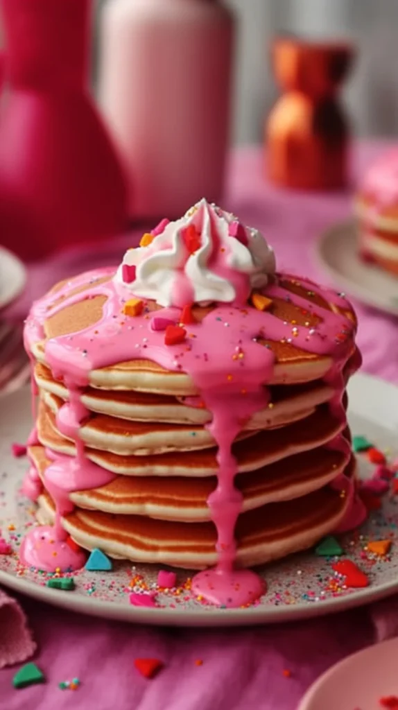 Colorful beetroot pancakes stacked on a plate, garnished with fresh toppings.