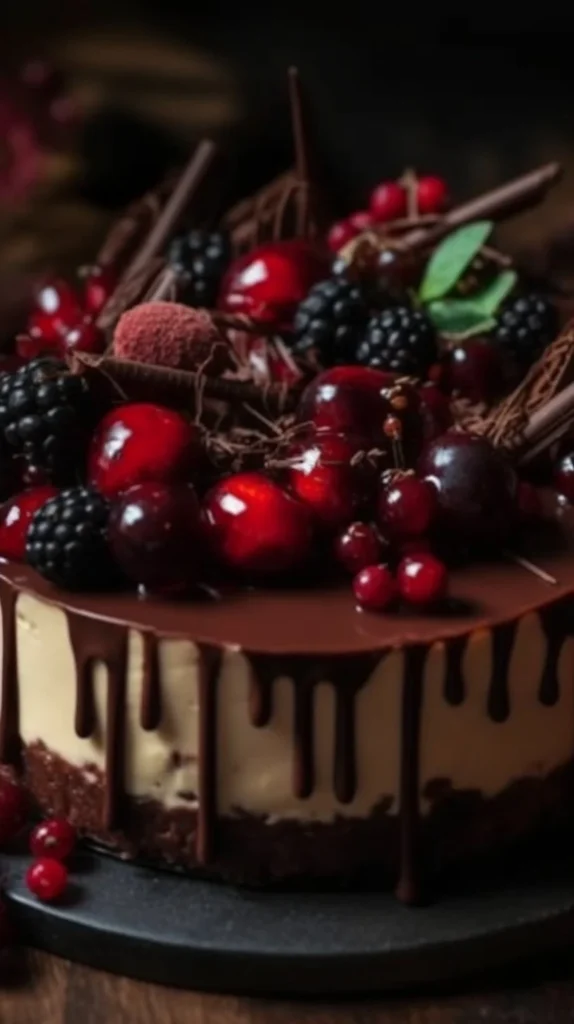 Delicious Black Forest cheesecake pie topped with cherries and chocolate shavings