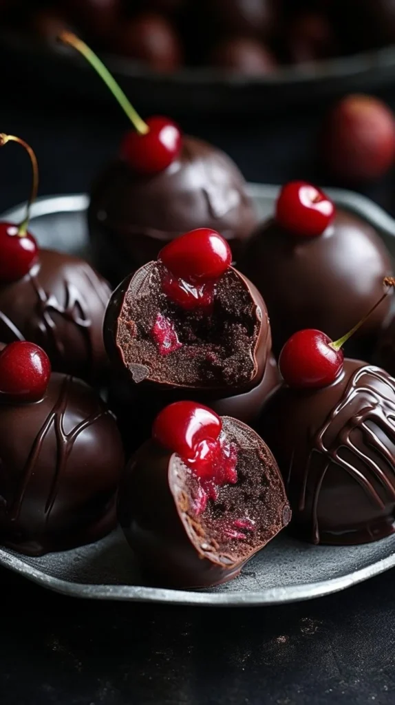 Black Forest cookie dough brownie bombs topped with cherries and chocolate