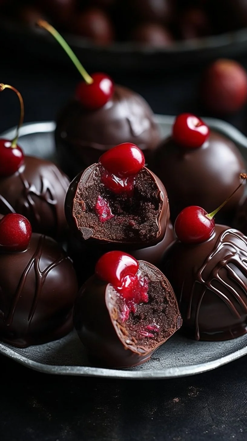 Black Forest cookie dough brownie bombs topped with cherries and chocolate