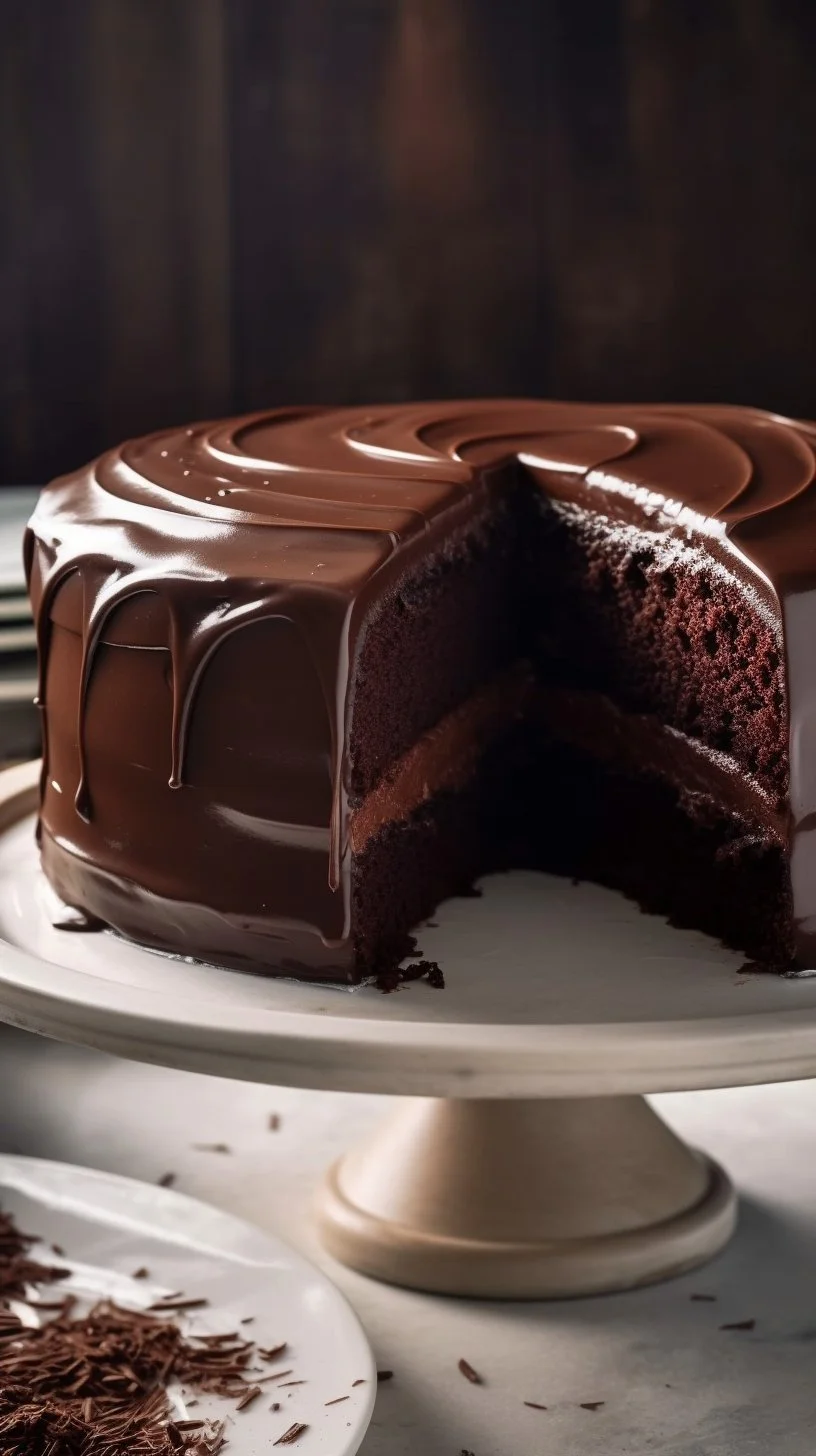 Delicious slice of Black Magic Cake topped with chocolate frosting.