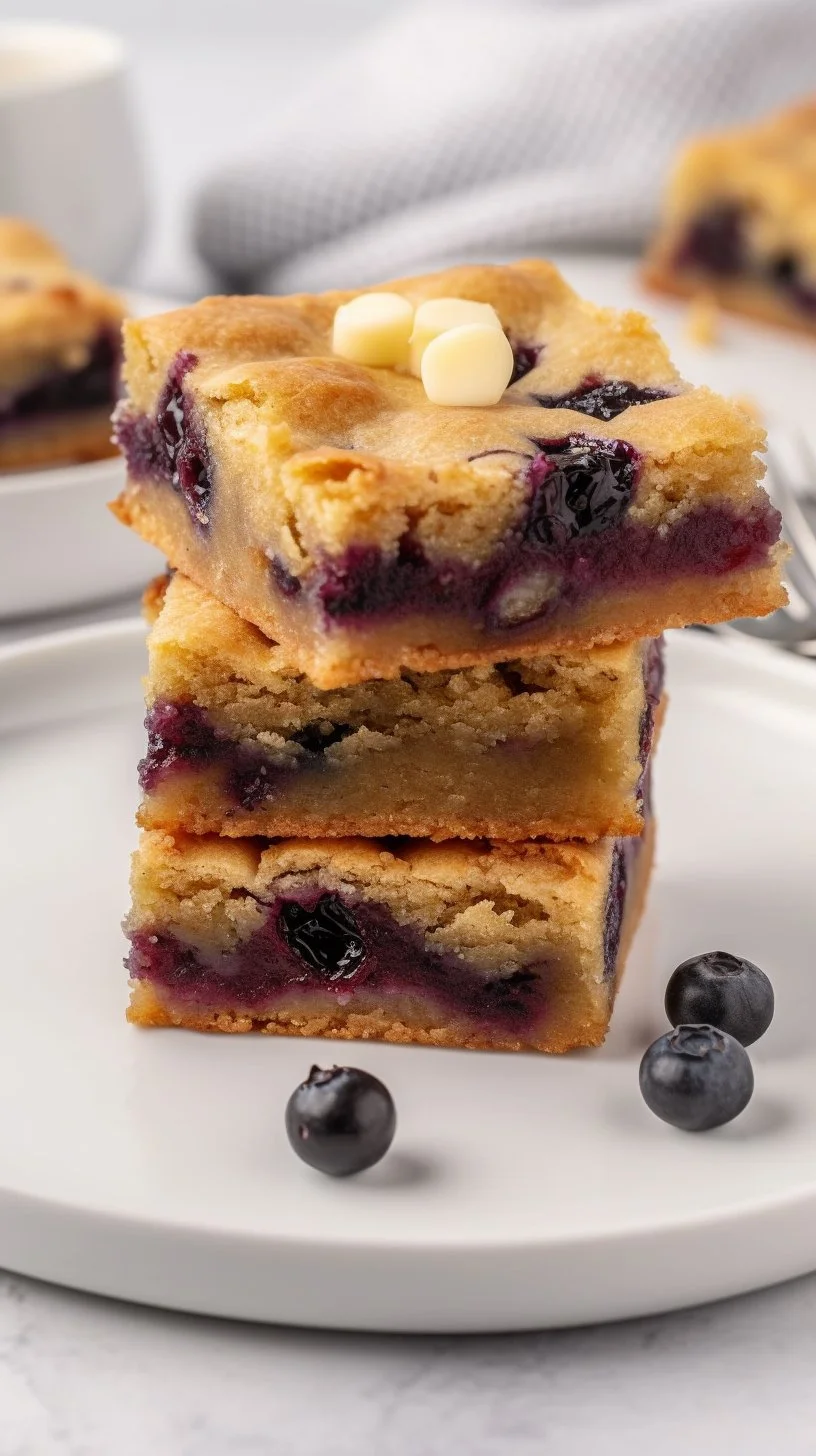 Freshly baked blueberry blondies on a wooden table.