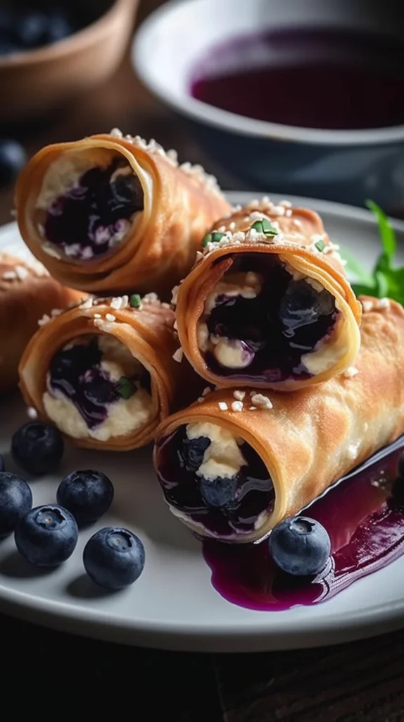 Blueberry Cream Cheese Egg Rolls served on a plate with fresh blueberries.