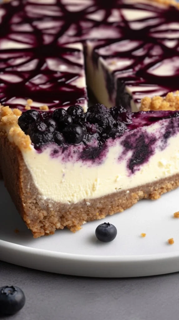 Delicious blueberry crumble cheesecake with a buttery topping and creamy filling